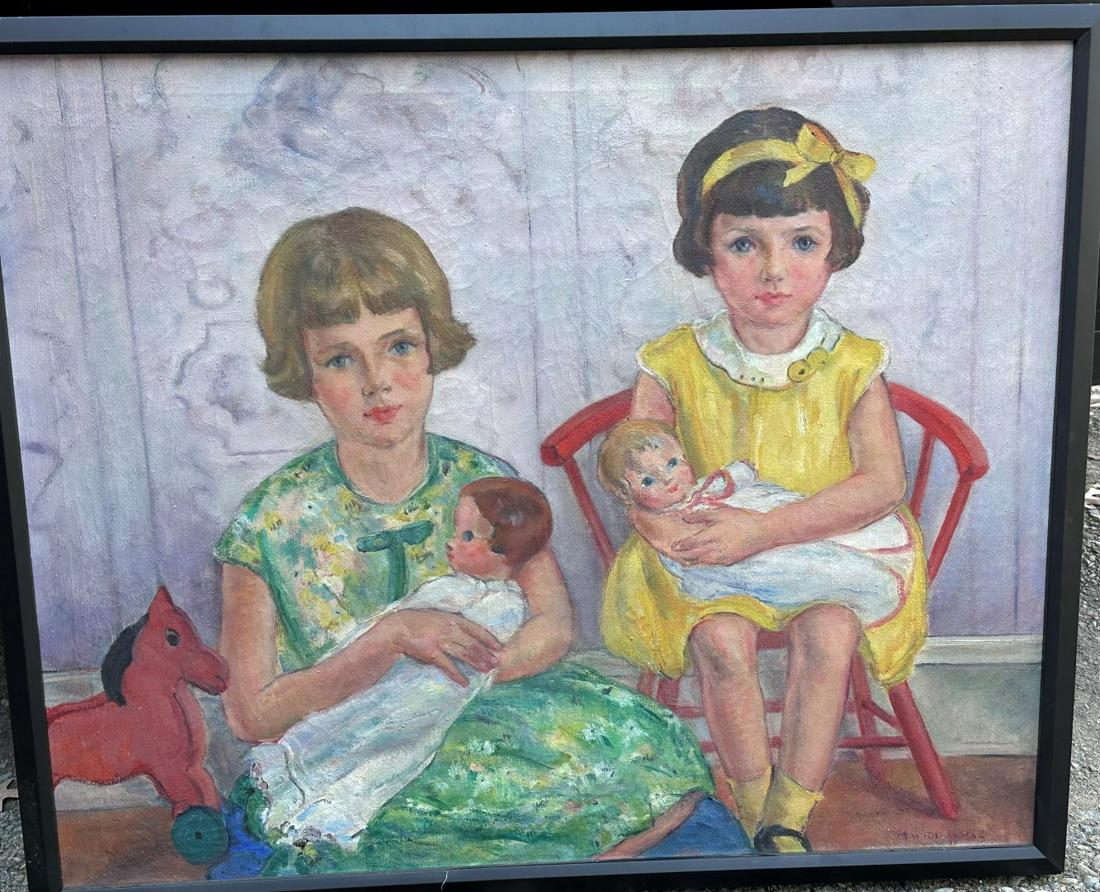 Marion Huse; American Oil Young Sisters Signed: Marion Huse(1896-1967)20thC. American oil on canvas. Young Sisters with Dolls. Signed l. r. illegibly. Inscribed on reverse; 30in. x 37in.(image), 32in. x 39in.(framed) Good condition