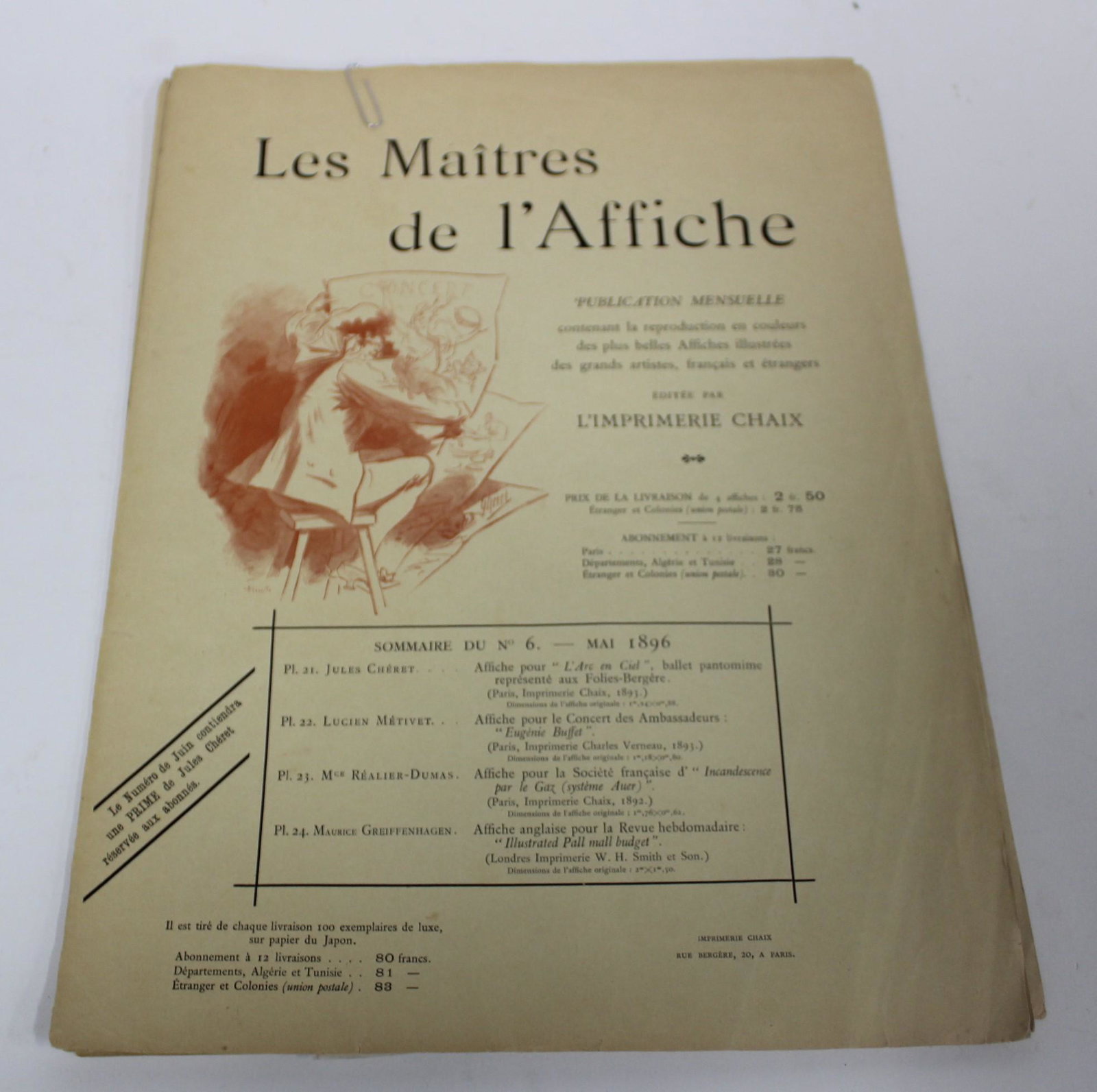 Les Maitres de L'Affiche Prints: In original folders. Imprimerie Chaiz (2); one A Praying Girl by A. Willette, both with seals impressed into paper 1894-1896 15 3/4" x 11 1/2"