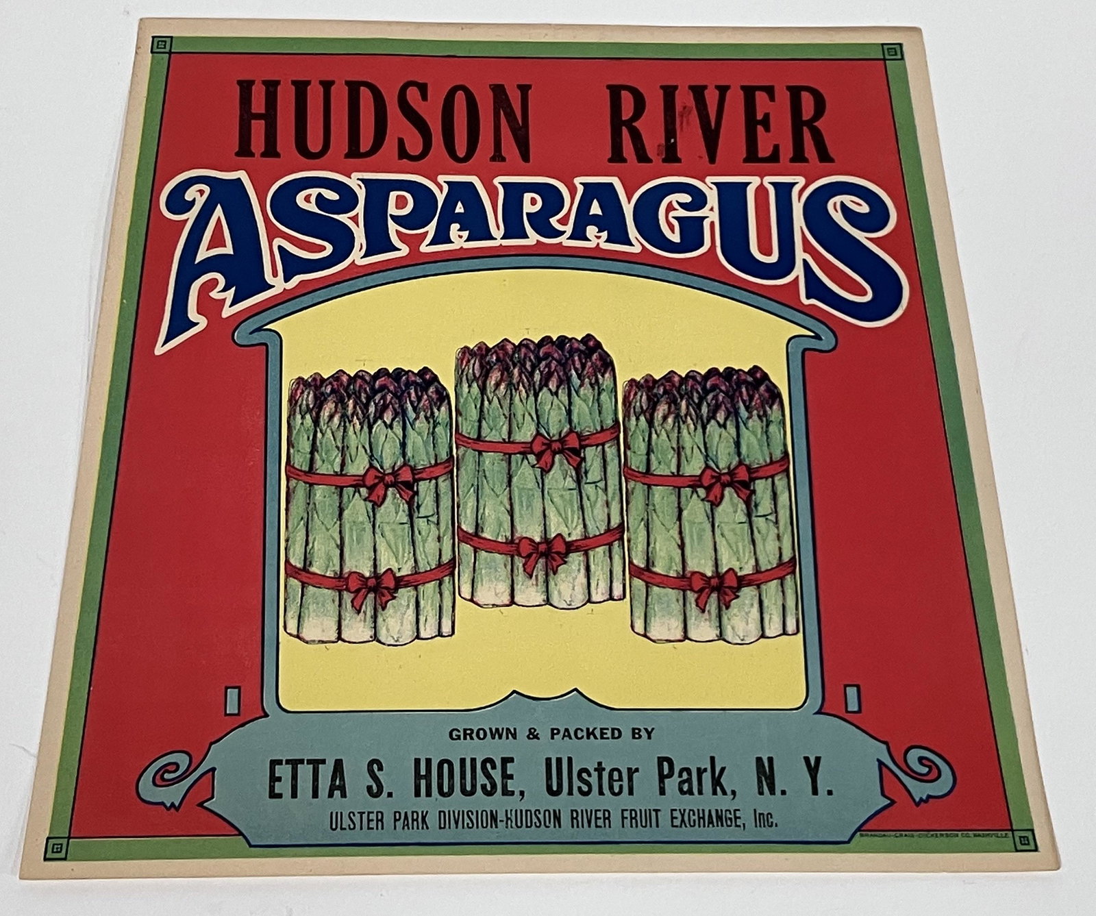 Hudson River Asparagus Crate Label: Etta S. House, Ulster Park, New York. 9.25" square.