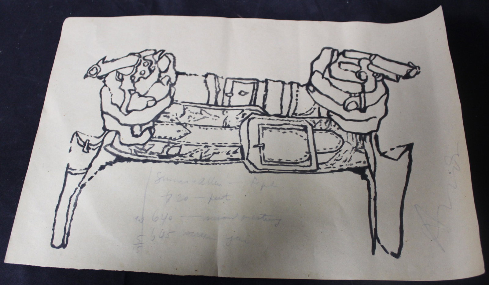 Andy Warhol Drawing. Pistols: Signed Lower right Warhol. Cursive writing in pencil that is indiscernible but will be in visible in photo. 13"H. x 19 1/2"W