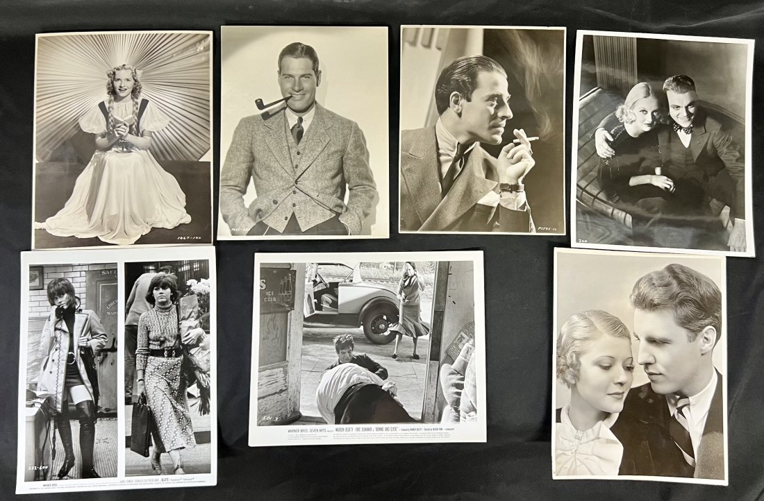 Vintage Hollywood Photographs (7): Davis and Cagney, Ozzie and Harriet with a Dell Backstamp, Jane Fonda, Bonnie and Clyde with a backstamp for Andrewski Coll., 3 unidentified, all 8X10
