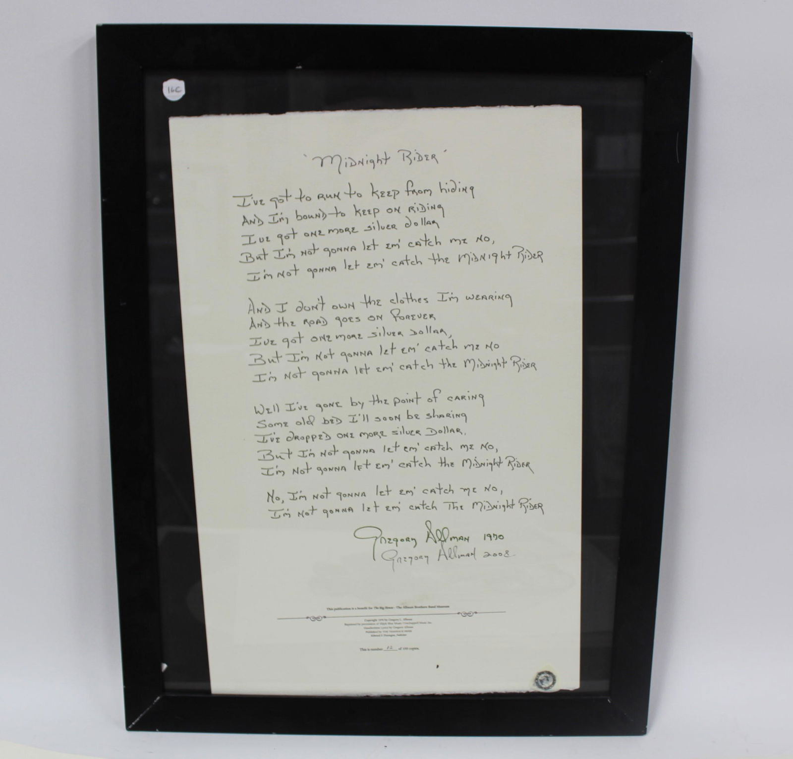 Allman Brothers Signed Lyrics Ltd. Ed. Print (1 of 5)