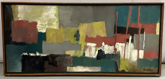 Nicolas De Stael(school of); 20thC. Modernist Oil Abstract Composition Signed: Nicolas De Stael (1914 - 1955) oil on canvas. Abstract Composition. Illegibly signed lower right. School of Nicolas De Stael; 16in. x 36in.(image), 17.5in. x 37.5in.(framed) Active/lived in France, Ru