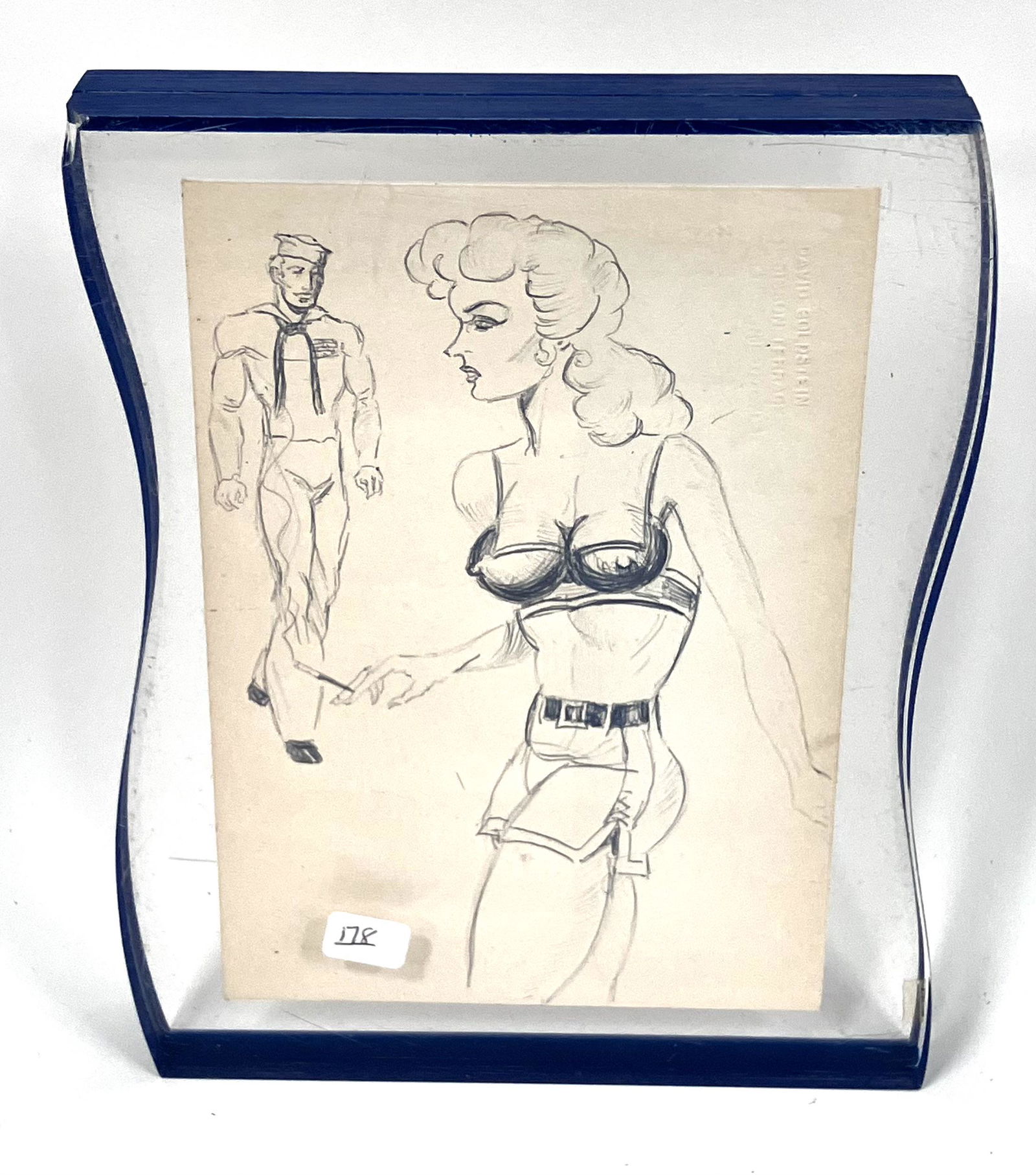Illlustration . Sailor and Pin-Up: Unusual lucite frame. Minor chip at upper left 9 1/4"H x 6 3/4"W