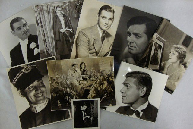 CLARK GABLE PHOTOGRAPHS(9): As Rhett Butler ; early portrait; with Vivian Leigh in Gone With the Wind; 1936 portrait (cardboard stock); c/u portrait; Tanner cardboard stock portrait for MGM with a back stamp for both and a publi