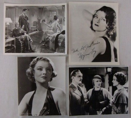 SIGNED MYRNA LOY PORTRAIT & 3 OTHERS: Portrait signed in black ink With All Good Wishes, Myrna Loy; an MGM glamour portrait; with Ann Harding and Robert Montgomery in MGM's 1933 When Ladies Meet and with Frank Morgan and Ann Harding in a