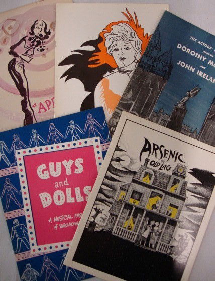 SIGNED PROGRAMS: Jean Stapleton and Tony Roberts as well as Polly Holliday and William Hickey in Arsenic and Old Lace. Robert Alda and others in Guys and Dolls; Dorothy McGuire and John Ireland in Summer and Smoke; An