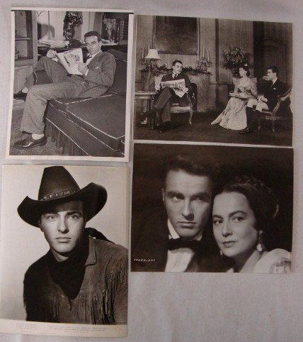 MONTGOMERY CLIFT STILLS (9): 1951 Acme Photo casual portrait with back stamp and extensive publicity snipe; with Onslow Stevens and Jesse Royce Landis in Dame Nature; 1948 close-up portrait for Red River; 1 1949 publicity portrai