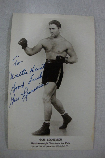SIGNED BOXING PHOTO-GUS LESNEVICH: Photo of the Light Heavyweight Champion of the World signed To Walter Good Luck Gus Lesnevich 5' x 8"