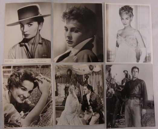 JEAN SIMMONS AND TYRONE POWER STILLS & PORTRAITS (: Linen backed c/u portrait; in The Big Country; cardboard stock glamour portrait; in Until They Sail; 1951 publicity photo; 1954 Tyrone Power still in Café Metropole with Adolphe Menjou; in Son of Fur