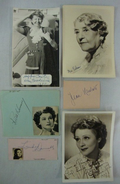 AUTOGRAPHS AND SIGNED PHOTOS INC. DARNELL (6): Linda Darnell sigd in blue ink on pink paper in 1948; Mae Robson sgd. photo; Jean Hersholt autograph on paper; Irene Rich ISP; Ruth Hussey autograph sgd. in ink on blue paper-1945; Helen Broderick car