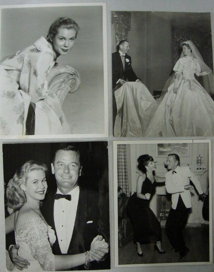 ALBUM ELIZ. MONTGOMERY INC. BERT SIX (28): Portrait by Bert Six with back stamp and p.s. for The Court Martial of Billy Mitchell; UPI 1941 wedding photo; with Gig Young by Jack Albin with back stamp; dancing with Fred Astaire for Mr. Lucifer; 