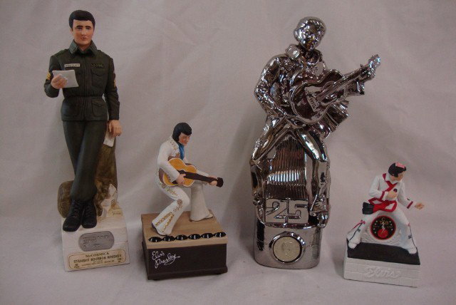 ELVIS PRESLEY LTD. ED. WHISKY BOTTLES (4): Elvis Presley Karate bourbon bottle,McCormick Distilling Co. Mo. 1983; bourbon bottle, The Sergeant with dog tag (same company); Nostalgia Collectibles 50th Anniversary hand painted ceramic figure wit