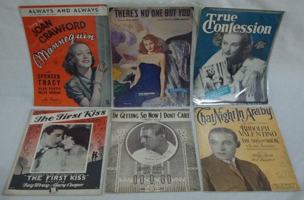 SHEET MUSIC FROM EARLY MOVIES (19): Always and Always sung by Joan Crawford in Mannequine; There's No One But You with Rita Hayworth on the cover; True Confession, 1937 with Carole Lombard on the cover; The First Kiss with Fay Wray and 