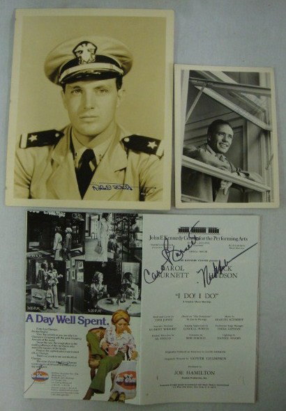 ROCK HUDSON, C. BURNETT, R. STACK AUTOGRAPHS: Rock Hudson and Carol Burnett both boldly sign in black ink above their names in a John F. Kennedy Center for the Performing Arts program for I DO! I DO! Robert Stack portrait as a young military offi