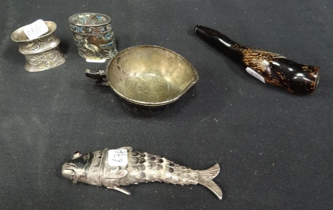 LOT OF FIVE(5) 19TH C. JAPANESE ITEMS: Lot to include: a cloisonne enameled pill box with deer design, signed, 1.5in. H.; silver sword mount with gold overlay, 1.5in. H.; a silver snuff box- fish form with articulated tail and jeweled eyes