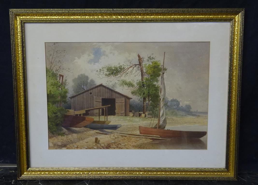 ALFRED THOMPSON BRICHER; WATERCOLOR PAINTING SIGNE: Watercolor on paper. Beached Boats Along a Rocky Shore signed l.l.; 14in. X 20in. (sight size)