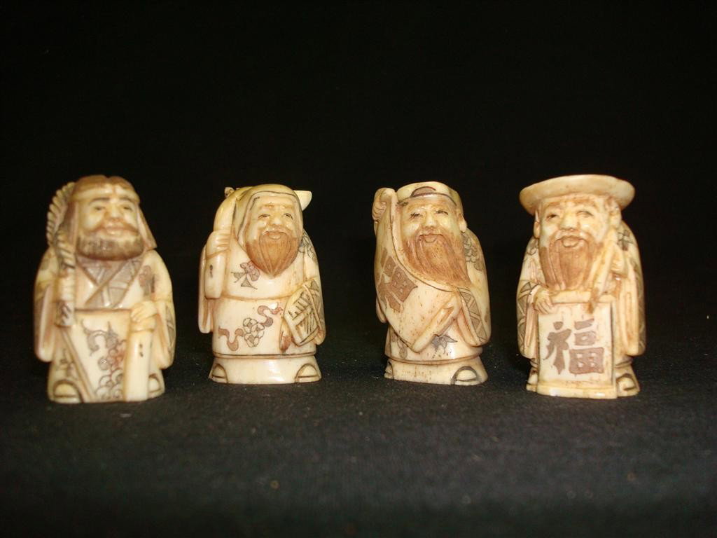 FOUR(4) CARVED BONE NETSUKES: four(4) bone carved netsukes. Immortal figures; 2in. H. each