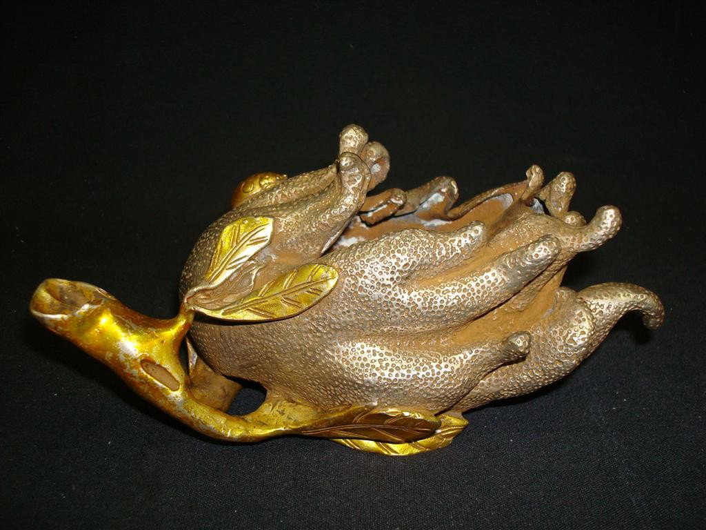 UNUSUAL BRONZE VESSEL: Silvered and dore bronze bowl with leaf and bug design. 3" high, 7" wide