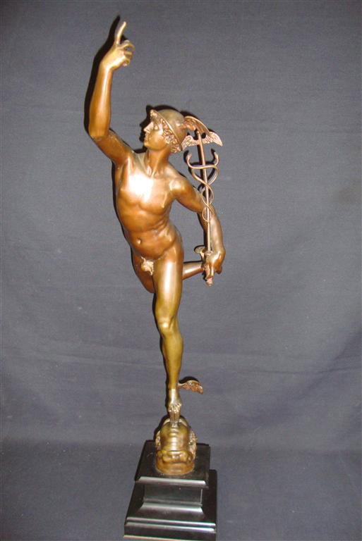 FRENCH BRONZE OF MERCURY, SGD. F. BARBEDIENNE: French bronze of a Mercury signed F. Barbedienne Fondeur and having a circular seal marked Reduction Meganique. A. Collas Brevite. A rare bronze by Frederic Barbedienne of The Barbedienne Foundry. 25"