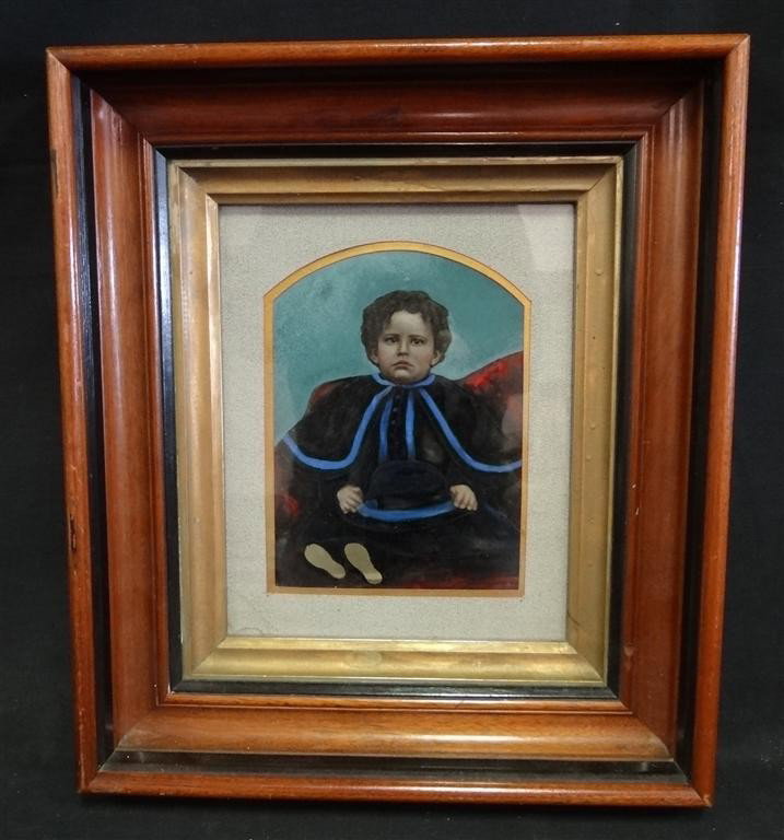 PRIMITIVE OF A YOUNG BOY: Maple & gilt shadowbox frame. 7-1/2 x 12