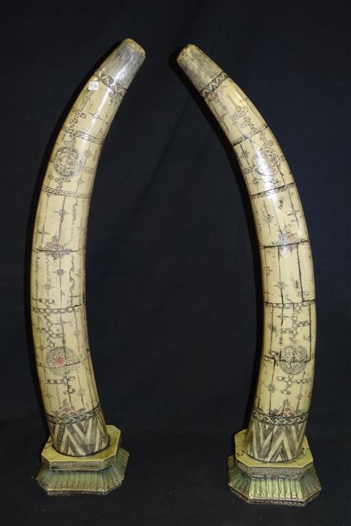 LARGE PAIR OF DECORATIVE SCRIMSHAWED TUSKS: 28" high