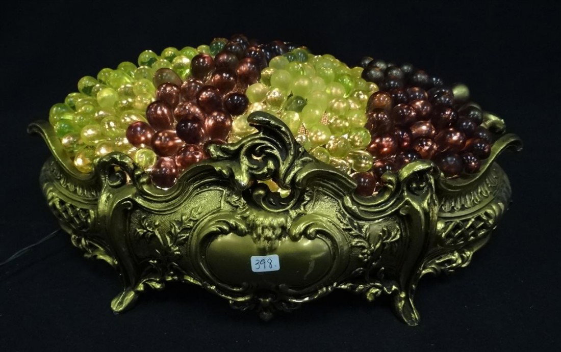 CZECHOSLAVAKIAN GLASS LAMP: In the form of a gilt centerbowl filled with multi colored grapes 6"H. x 14" L. x 10"W