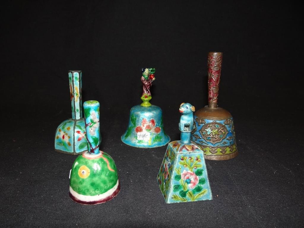 ENAMEL ORIENTAL BELLS (5): Two with figural handles, one a woman and the second a dog. (one without a ringer) 3" to 4 3/4"H.