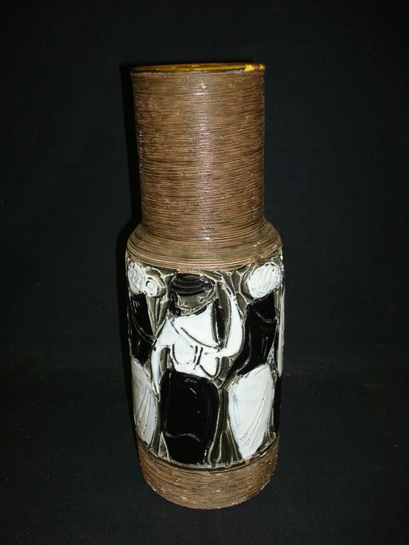 MID CENTURY MODERN ITALIAN CERAMIC VASE SIGNED: 1950's Italian ceramic vase with figural decoration, signed. Original Raymor label. Small imperfections on rim; 12.5in. H.