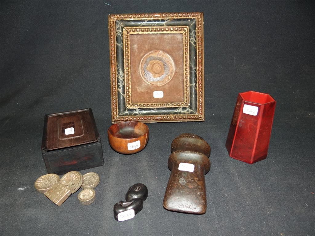 LOT OF MISCELLANEOUS ITEMS: To include: Glit and faux marble frame- 5.75in. X 4.5in. Opening; African carved ebony figure- 2 1/2" L; antique box with 13 early brass game pieces; A paneled vase, cinnabar glaze and cinnabar colore