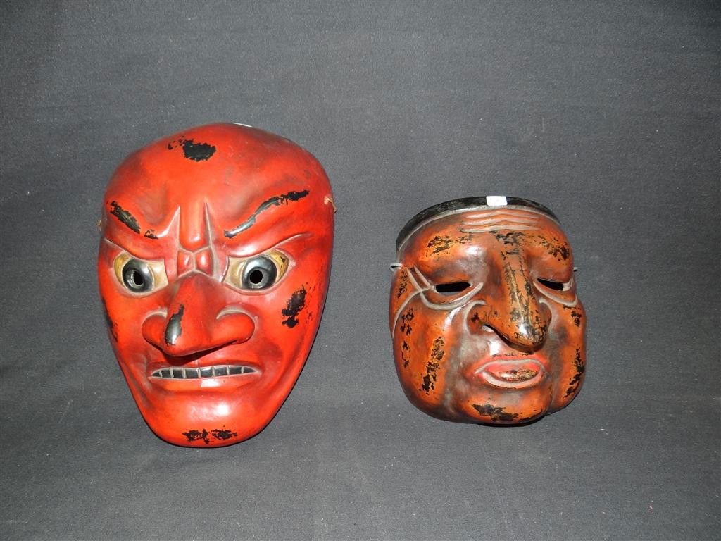TWO(2) EARLY JAPANESE KABUKI MASKS: Two(2) 19th C. Japanese Kabuki masks. Signed on the inside; 8in. - 11.5in.