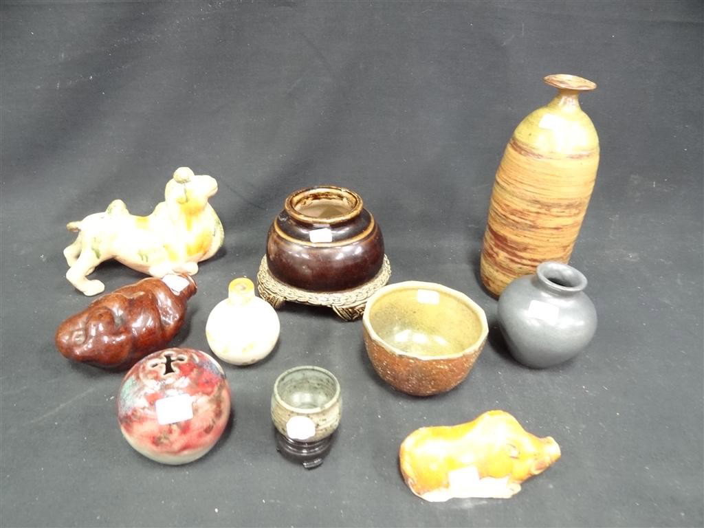 LOT OF CHINESE POTTERY ITEMS, ETC.: To include:two(2) Tang style pottery animale figures- a kneeling camel, multi colored glaze, 5in. H.; reclining boar, 2.5in. H.; A footed pottery pot with rope edge design; a brown to green glazed bow