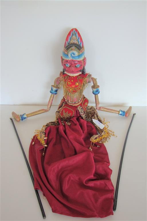 INDIAN CARVED AND DECORATED PUPPET: Carved and painted puppet with elaborately gilt thread and beaded ceremonial garments. A warrior; 28in. H.