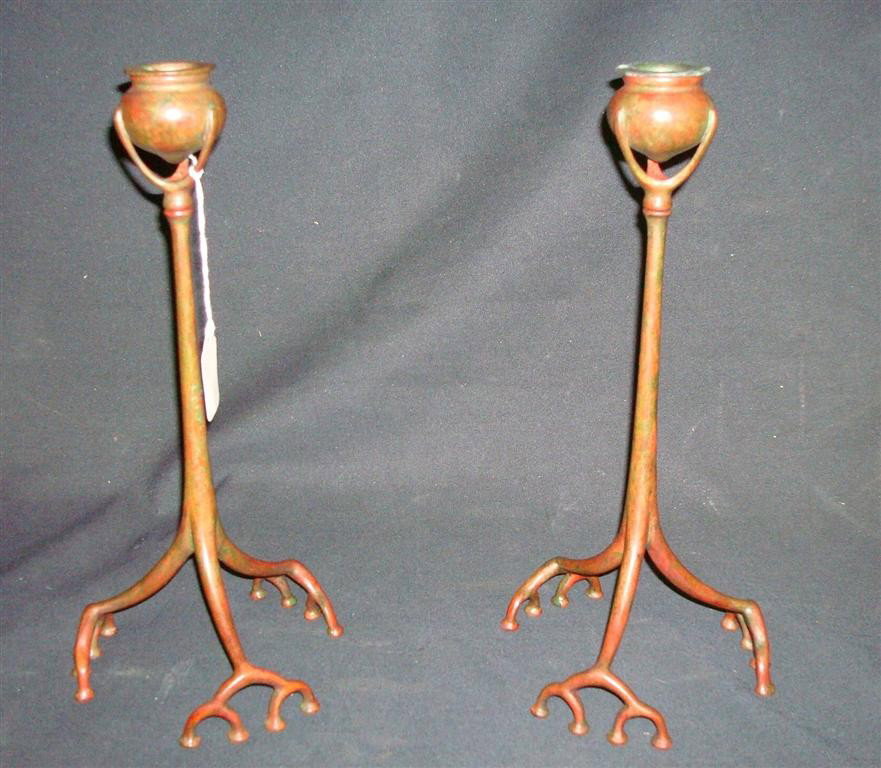 PR. TIFFANY BRONZE ROOT CANDLESTICKS: Pair of bronze root candlesticks with removeable bobeches. Marked Tiffany Studios New York and numbered 1200. 12-1/2" high