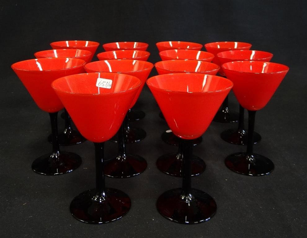 PAIRPOINT ART DECO STEMMED WINES (14): Red glass with a black stem. 5"H