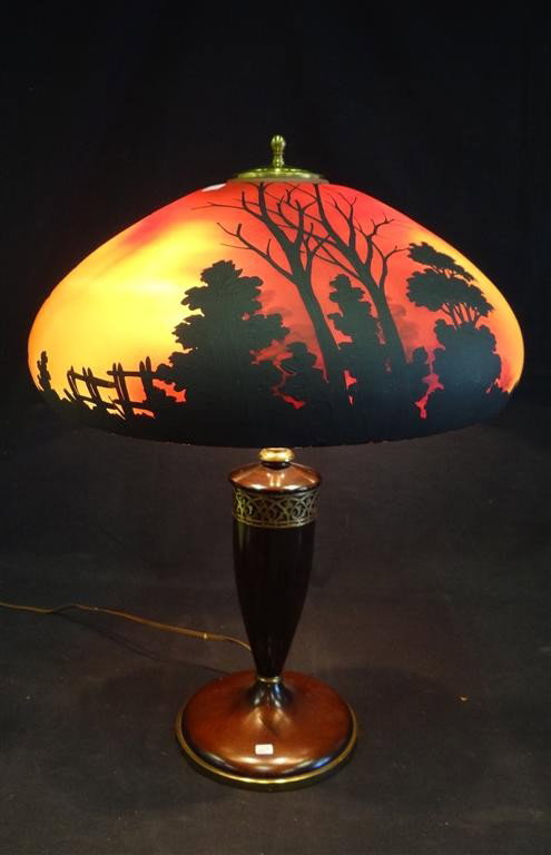 JEFFERSON TABLE LAMP. PAIRPOINT BASE: Forest scene. Wooden brass mounted table lamp base. 23"H. 17"D