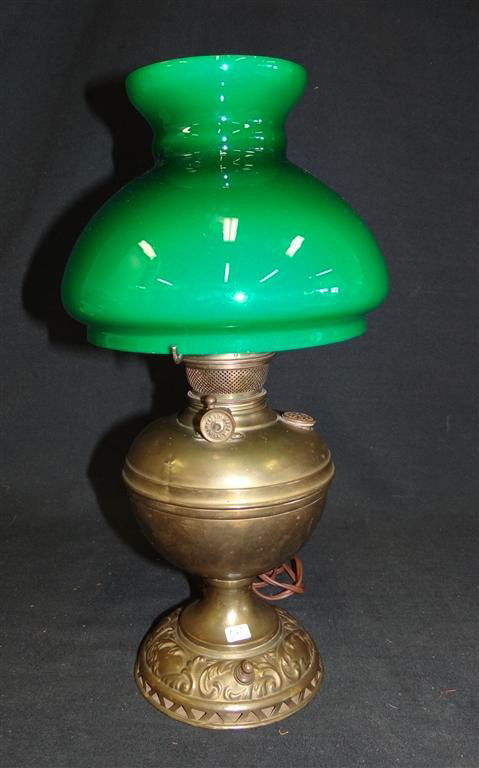 BRASS DESK LAMP EMERALITE SHADE: Cased glass shade with minor rim chips at the top. 15 1/2"H.
