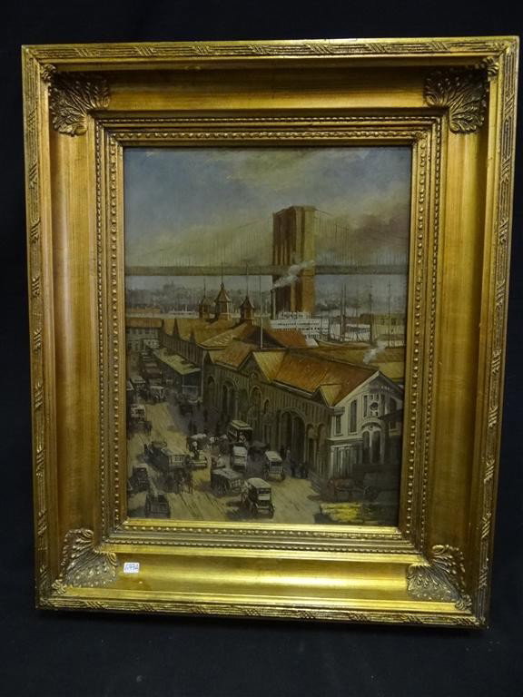 C.C. COOPER; 20TH C. OIL PAINTING SIGNED: Oil on panel Busy Morning - South Street Seaport, NY signed l.r.; 16in. X 12in.