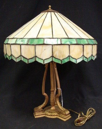 SLAG GLASS PANELED TABLE LAMP: Signed Pairpoint Mfg. Co. on the base and numbered 380420" H. 16"D