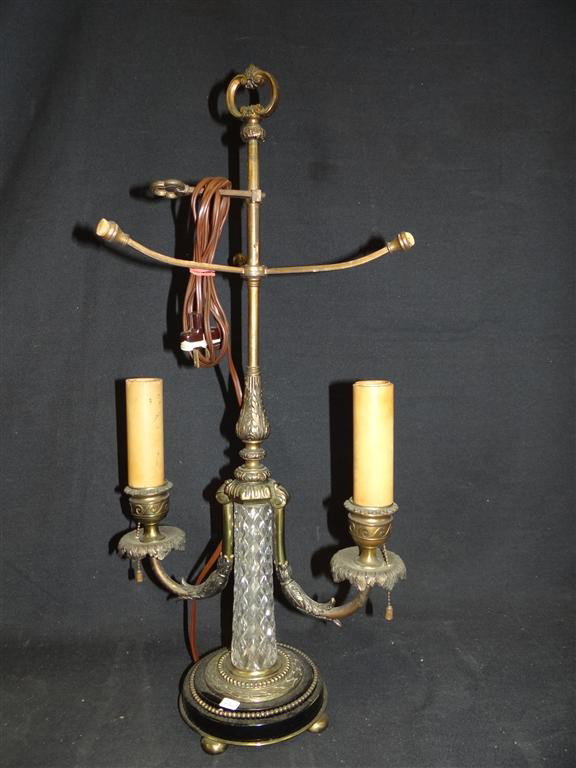 PAIRPOINT TABLE LAMP: Pairpoint lamp base. Double candleabra. Adjustable prongs for 8in. D. shasde. Brass, marble and glass, signed; 23.5in. H.