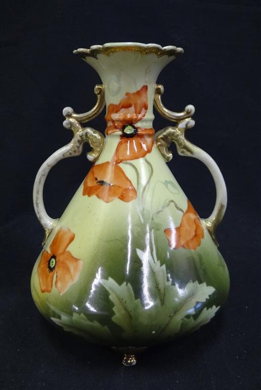 NIPPON HAND PAINTED VASE: Signed with a green wreath mark. Hand painted Nippon. 8"H
