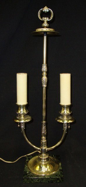 PAIRPOINT SILVERPLATE AND MARBLE LAMP BASE: Candelabra lamp base. 22 1/2"H.