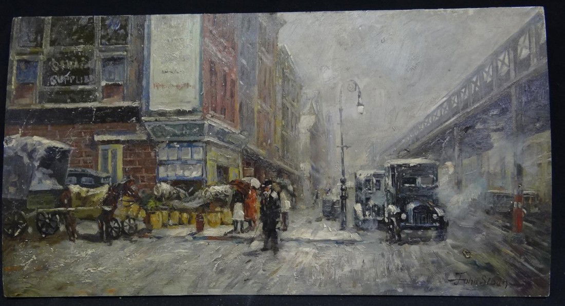 JOHN SLOAN; OIL PAINTING SIGNED: Oil on board, Along the 3rd Ave El signed l.r.; 9in. x 17in. Unframed Slight bow to the board