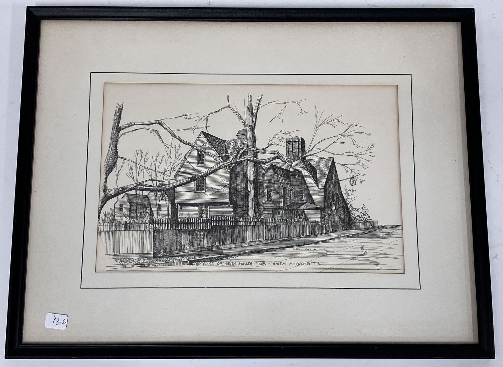Clark M. Goff. House of the Seven Gables: Engraving. Signed. Gallery matted and framed