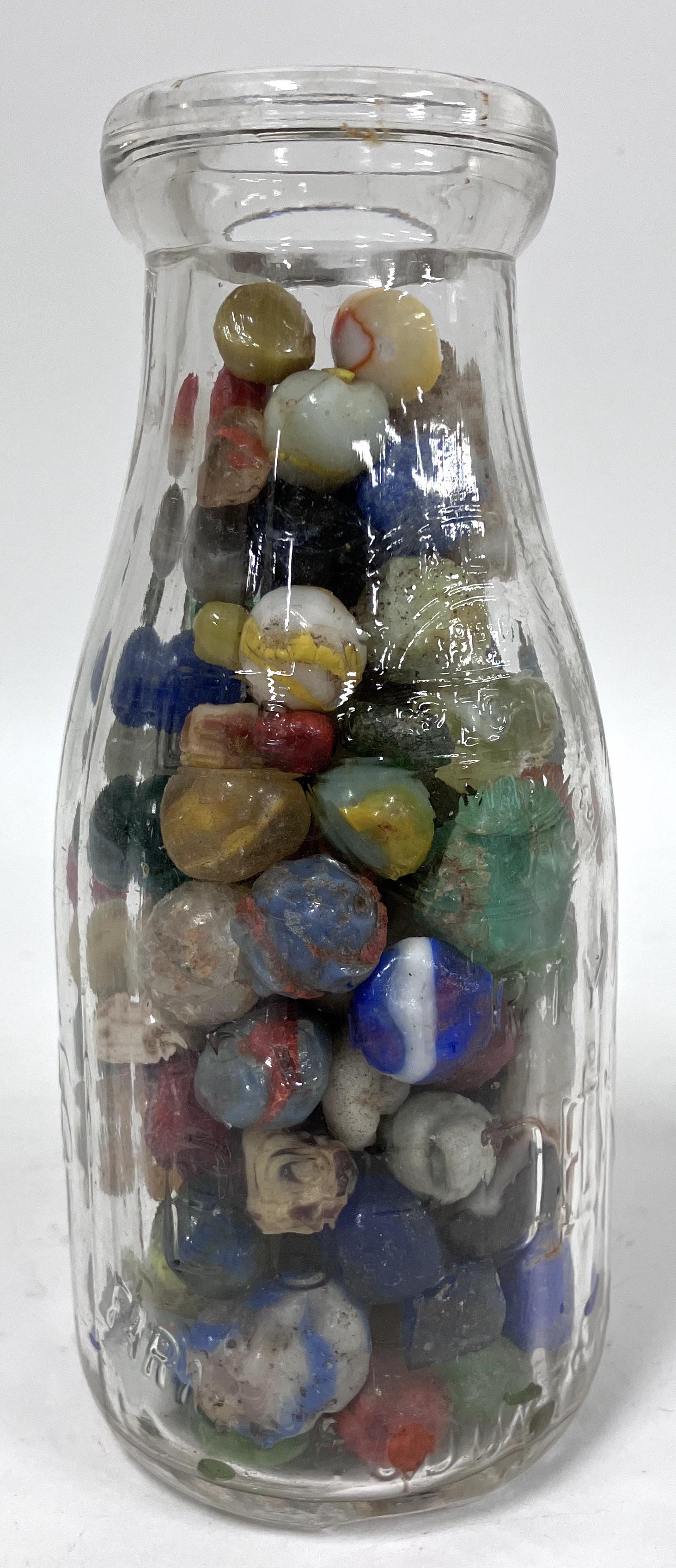 Vintage Marbles. Unusual Shapes: Bottle full. Various colors, various types. Seem to be left over product when making. Distorted shapes. 8