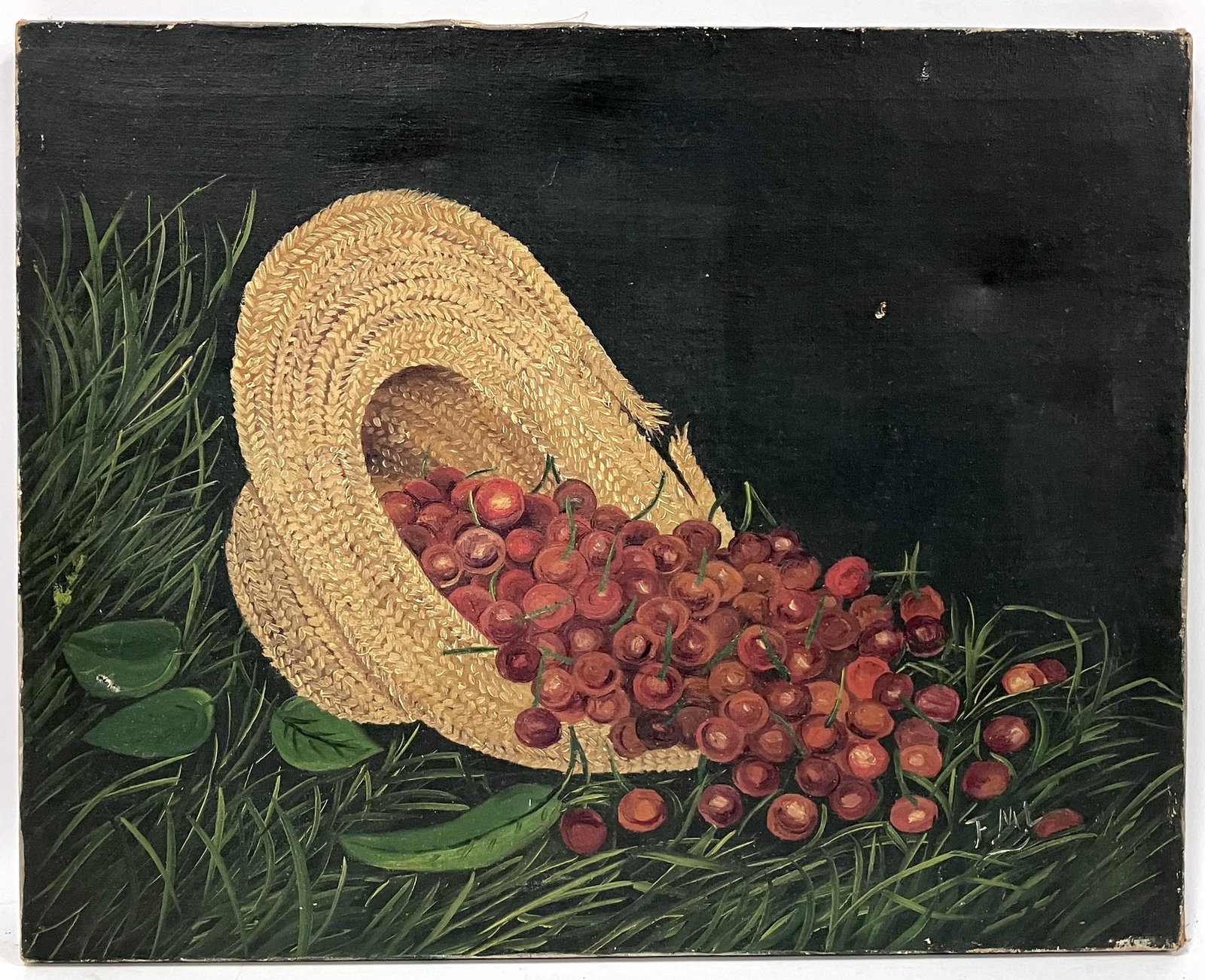Antique Folk Art Still Life on Canvas Signed: Oil on Canvas. Signed LR F.M.L Size 16"H x 20"W. Some paint lose, minor rips and tears from age all visible in photos.