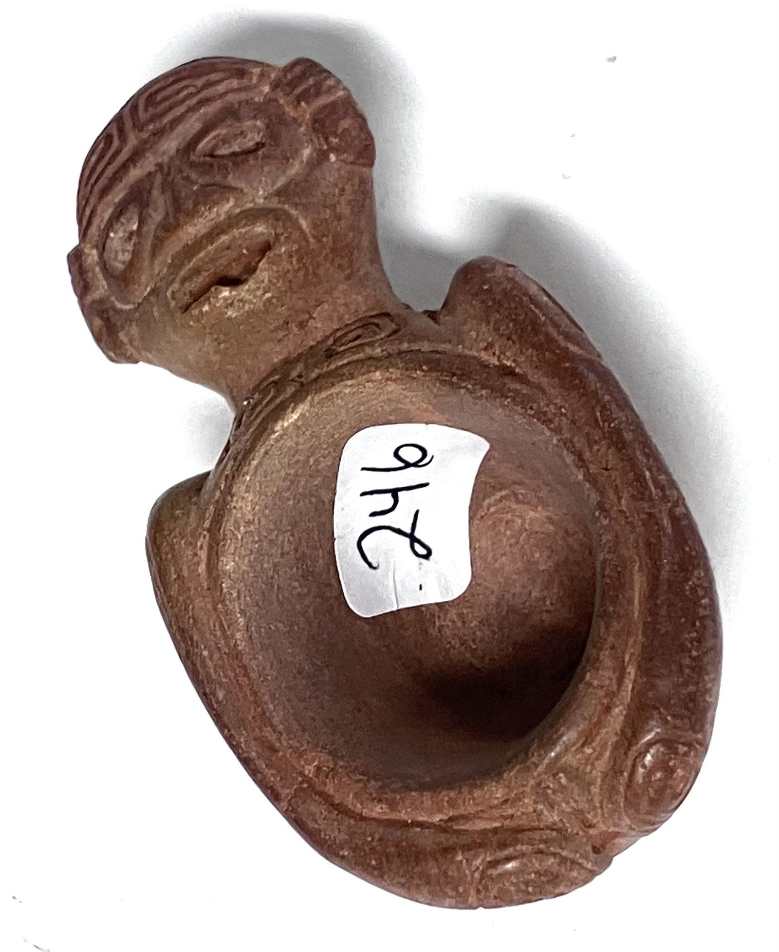 Ancient African Clay Figural Bowl: 1 1/4"h x 3"L. Footed at the back end