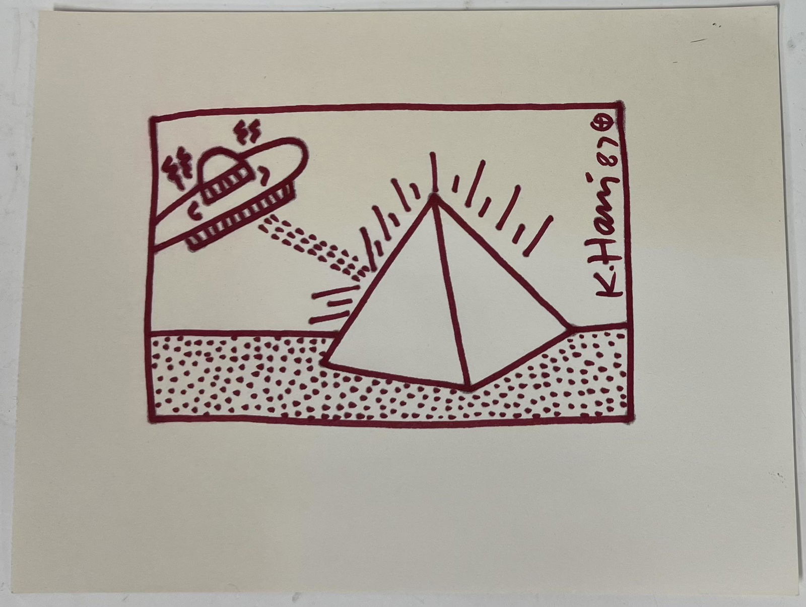 Keith Haring Drawing: Signed K. Haring '87. unframed. 8.25 by 10.75 inches