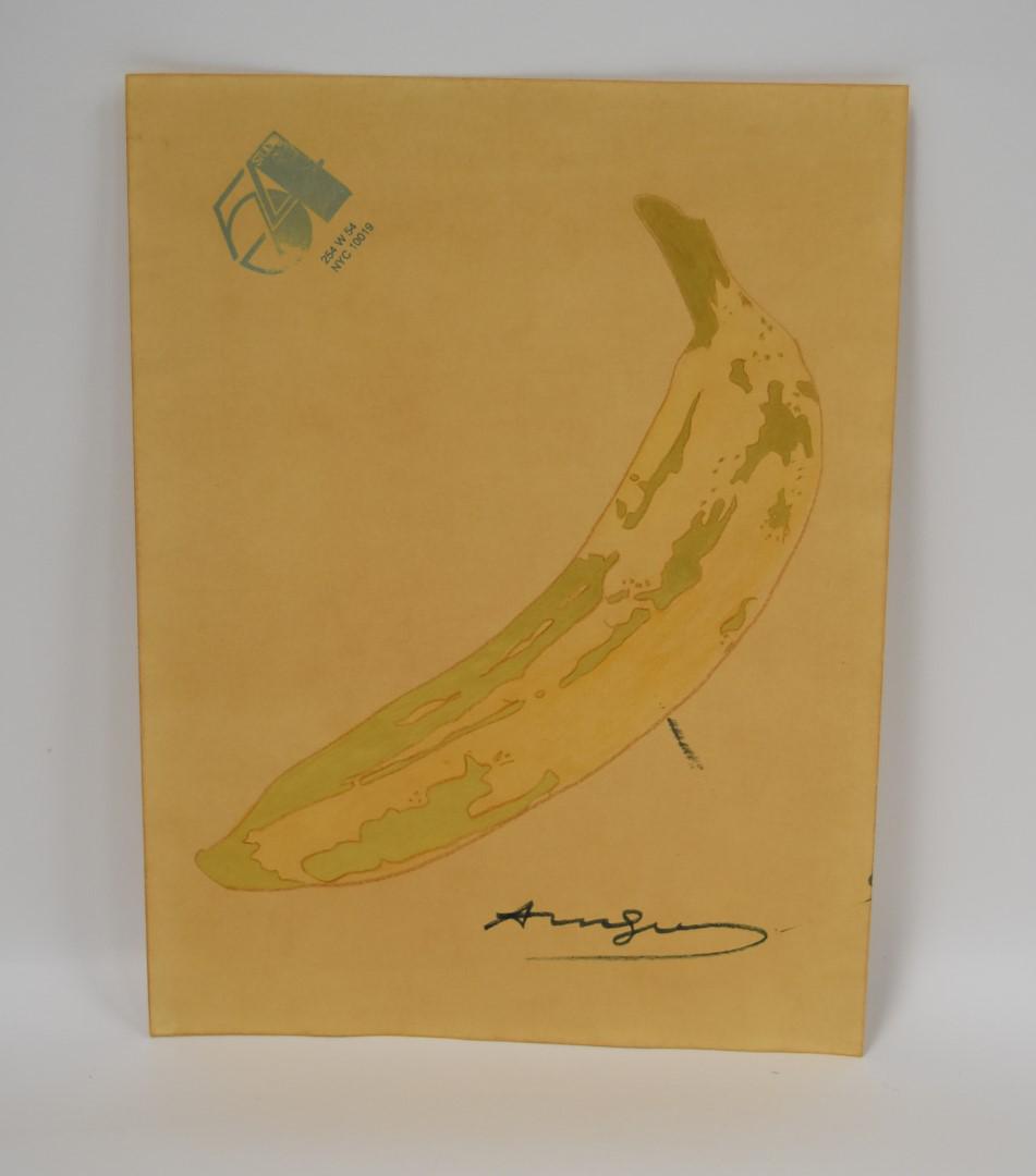 Andy Warhol Bananna Drawing Sgd.: With a Studio 54 stamp at the upper left and a signature, lower right. Stamp at the backside for The Andy Warhol Coll. and with a stamp of a Campbell Soup Can. Gilt enhancement to the drawing. 12 1/2"
