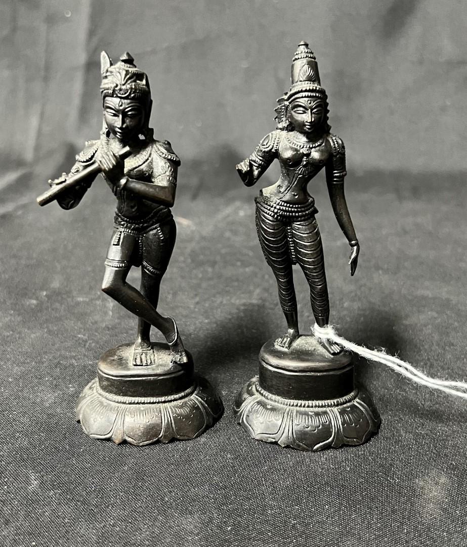Pr. Tibetan Bronze Cabinet Fgiures: A Flutist and a Lady on double tiered bases